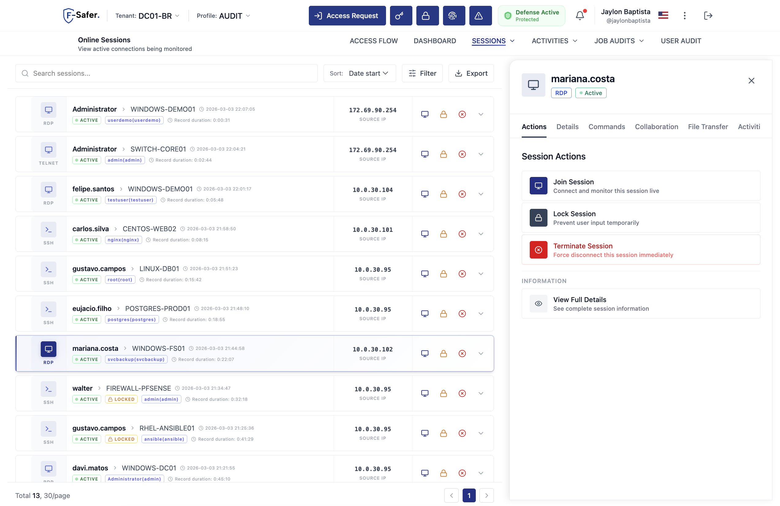 DataDike Session Monitoring — live sessions list with Join, Lock and Terminate actions